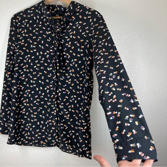 Uniqlo Shirt Long sleeves  Heart Print Tie Neck Blouse Small Black Button Down - Picture 6 of 15